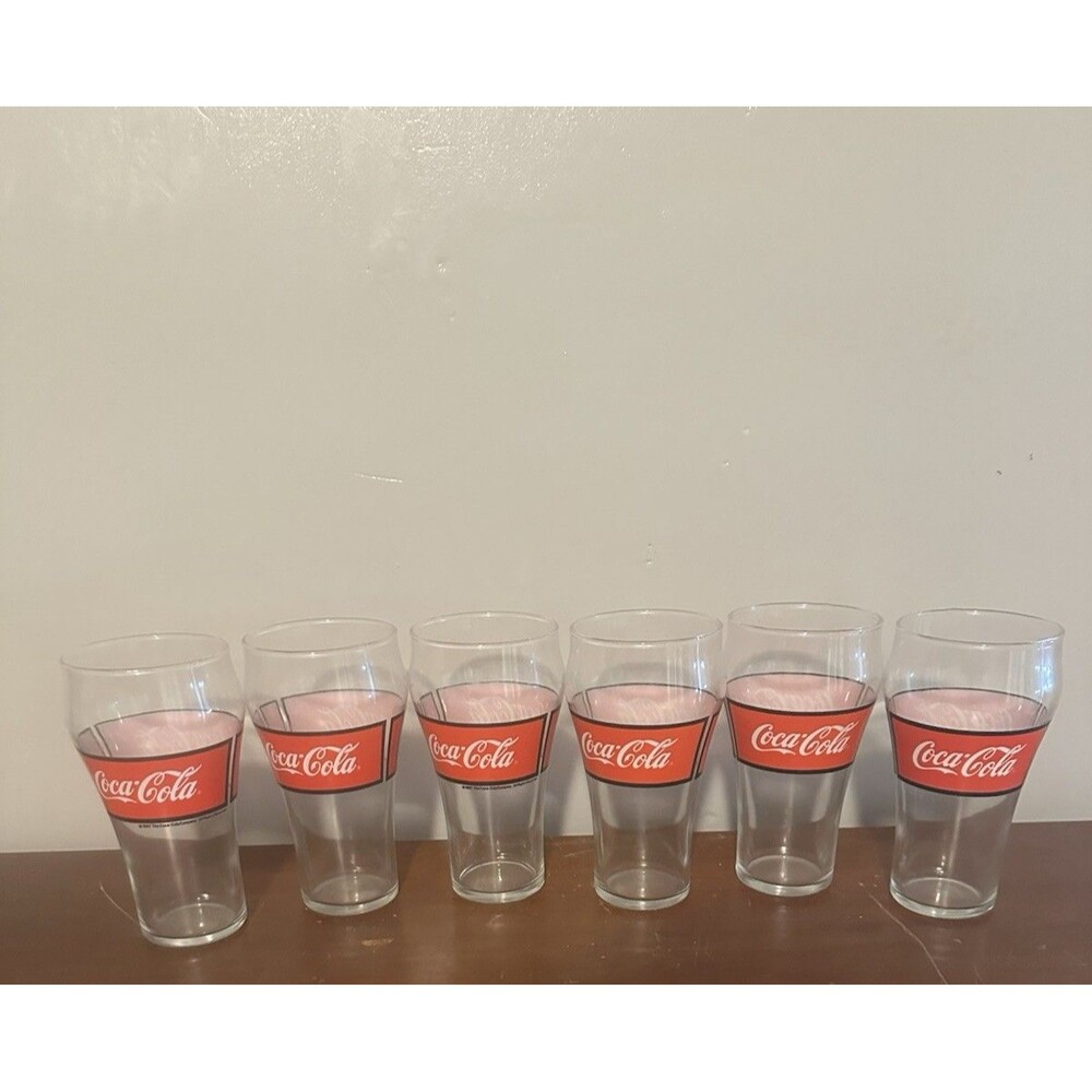 VTG Set of 6 1997 Coca Cola Drinking Bell Soda Glasses Wrap Around Graphic